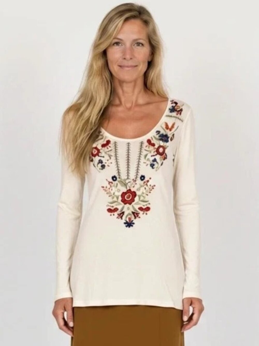 NWT$126 Johnny Was Los Angeles JWLA Ivory Floral Embroidered Long Sleeve Top S